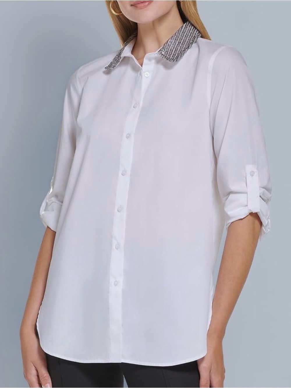 Calvin Klein White Button-Down Shirt with Silver Textured Collar